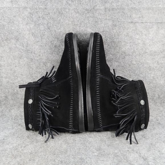 Minnetonka Shoes Womens 7.5 Bootie Moccasin Leather Hi Top Back Zip Fringe Black - Picture 9 of 13